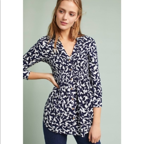 34 Anthropologie Maeve Alexa Bird Print Smocked Tunic - Picture 1 of 10
